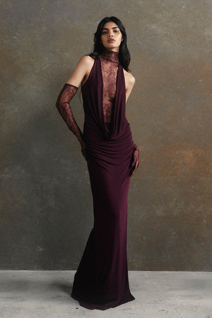 Evelyn Plunging Cowl Lace Bodice Maxi Dress