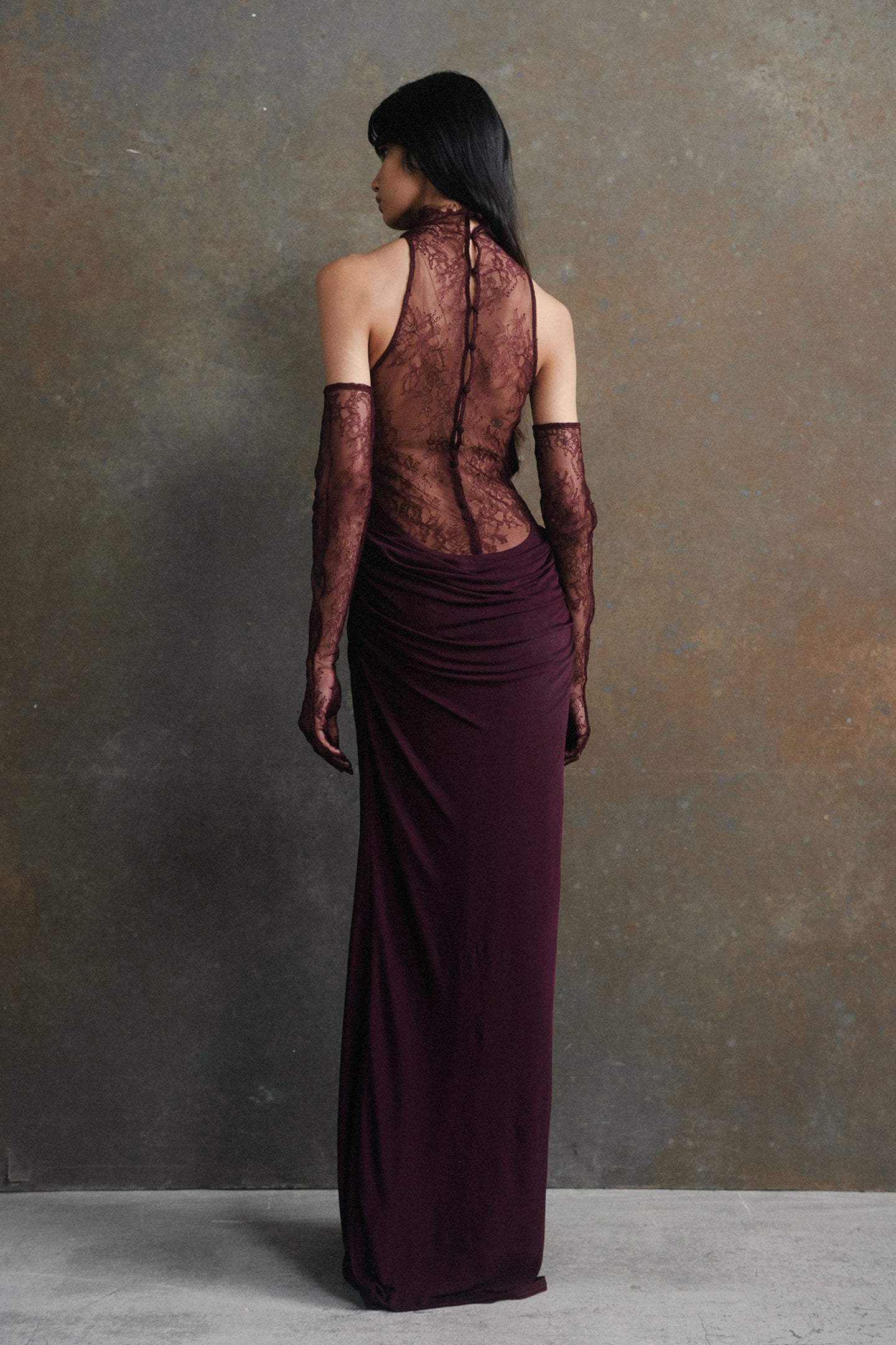 Evelyn Plunging Cowl Lace Bodice Maxi Dress