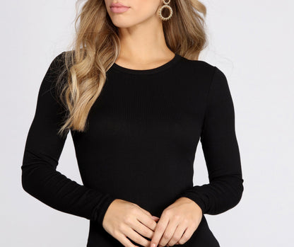 Rib Knit Crew Neck Long Sleeve Bodycon Mini Dress