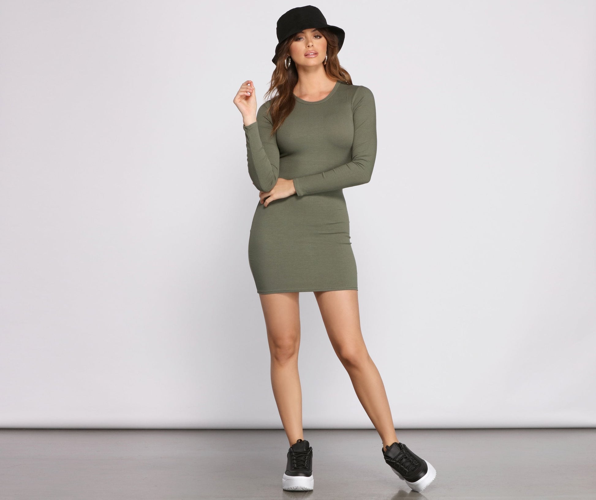 Rib Knit Crew Neck Long Sleeve Bodycon Mini Dress