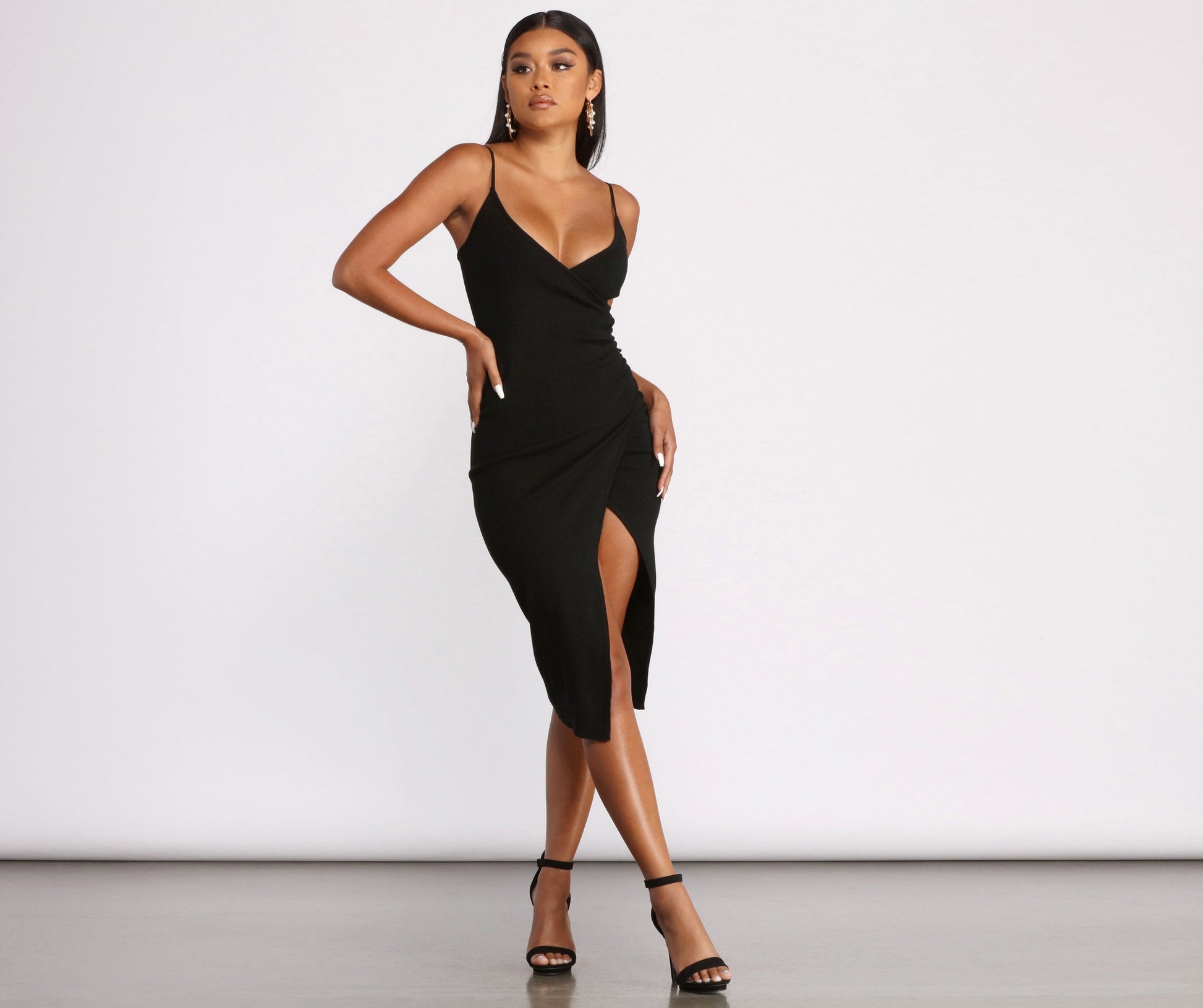 Spaghetti Strap Ribbed Wrap Front Waist Cutout Thigh Slit Midi Dress