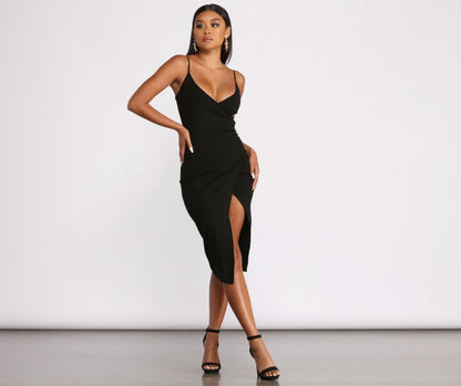 Spaghetti Strap Ribbed Wrap Front Waist Cutout Thigh Slit Midi Dress