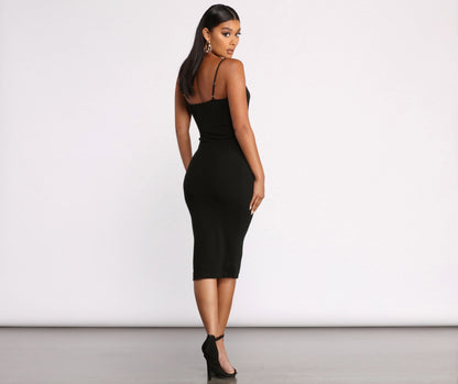 Spaghetti Strap Ribbed Wrap Front Waist Cutout Thigh Slit Midi Dress