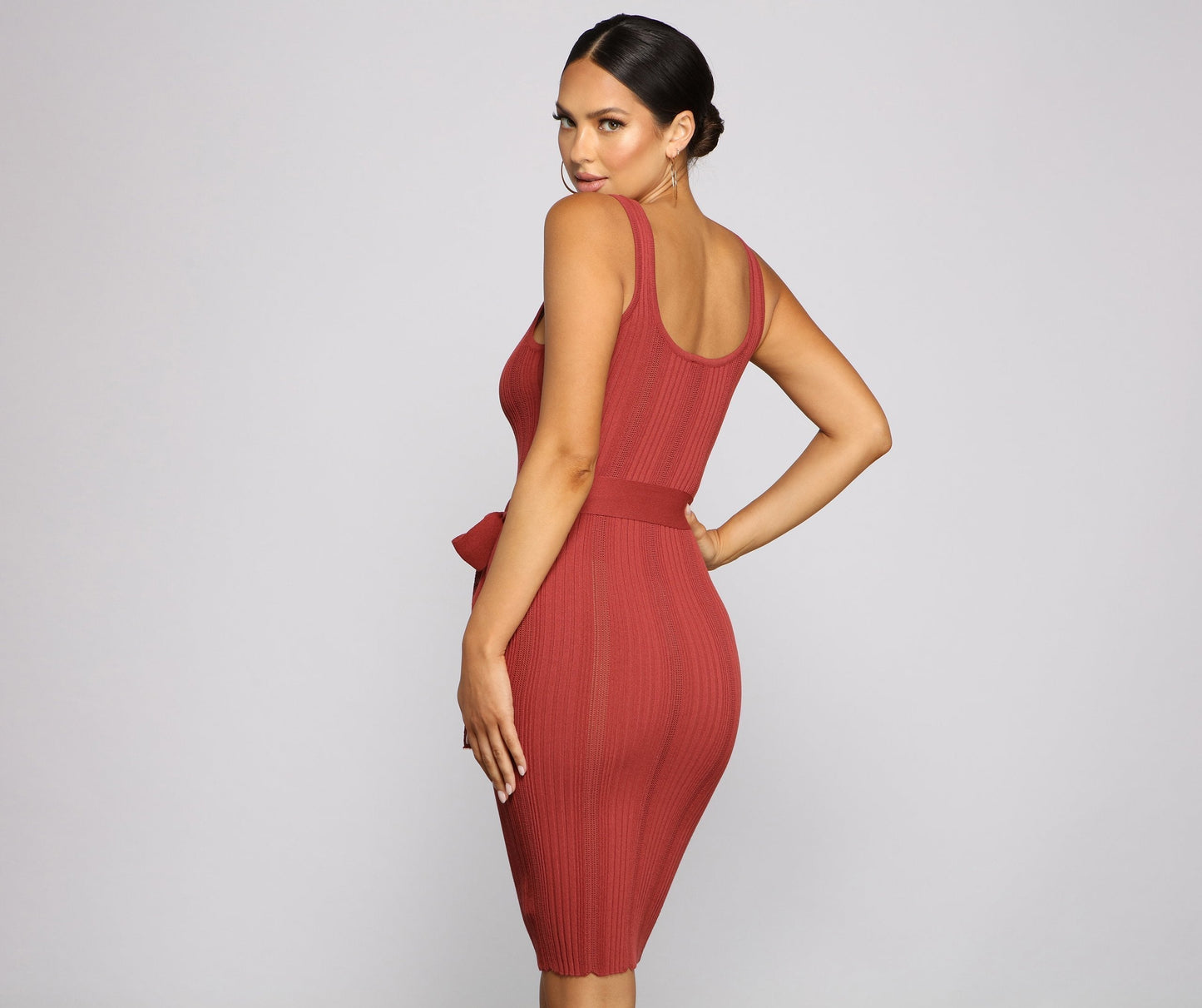 Ribbed Knit Scoop Neck Self-Tie Belt Sleeveless Bodycon Midi Dress