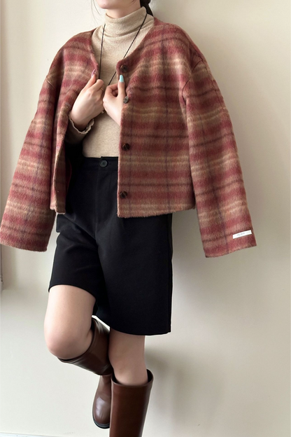 Plaid Crew Neck Single Breasted Drop Shoulder Wool Jacket