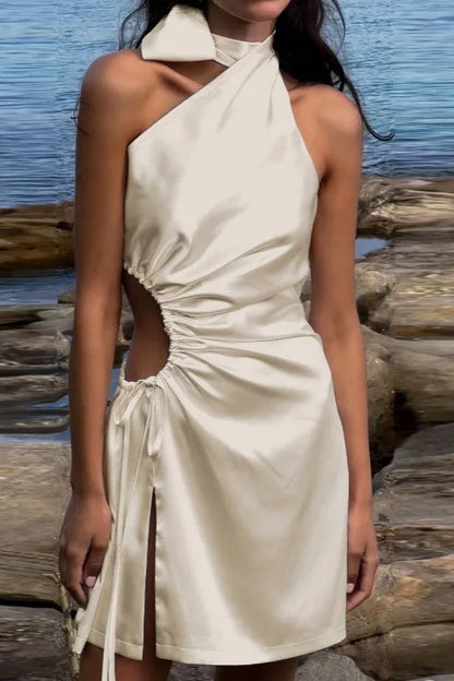 Halter Bow Neck Side Cutout High Slit Satin Midi Dress