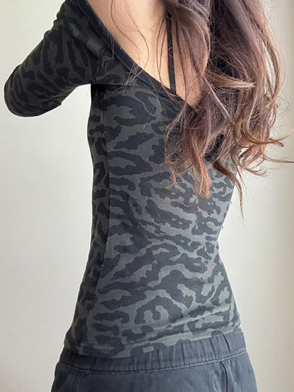 Black Lace Leopard Print Fake Two Piece Tee