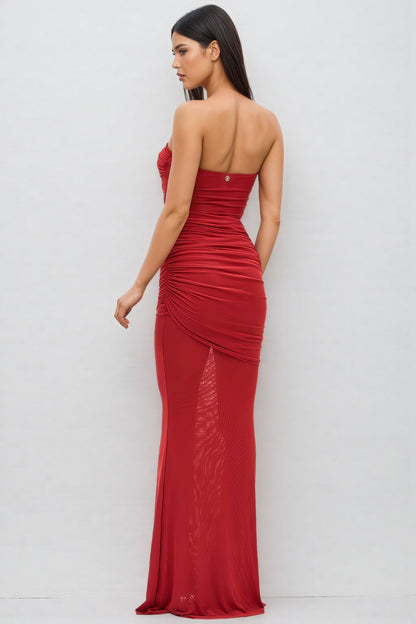Nydia Red Strapless Sheer Mesh Maxi Dress