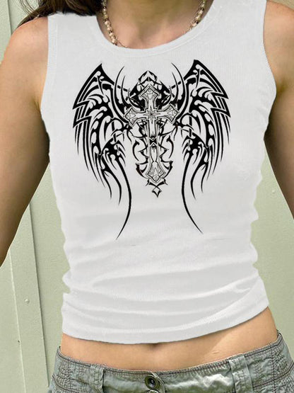 Dark Style Cross Wings Print Ribbed Cropped Tank Top
