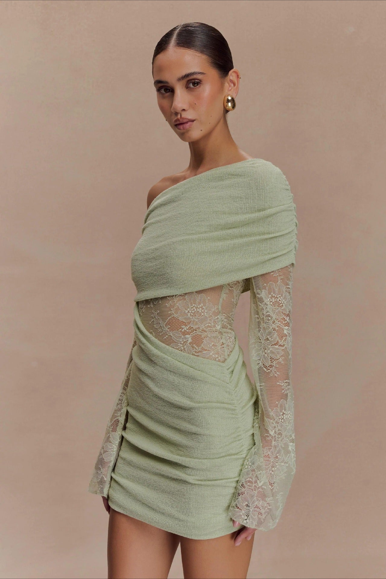 Off Shoulder Ribbed Lace Sleeve Lace Panel Bodycon Mini Dress