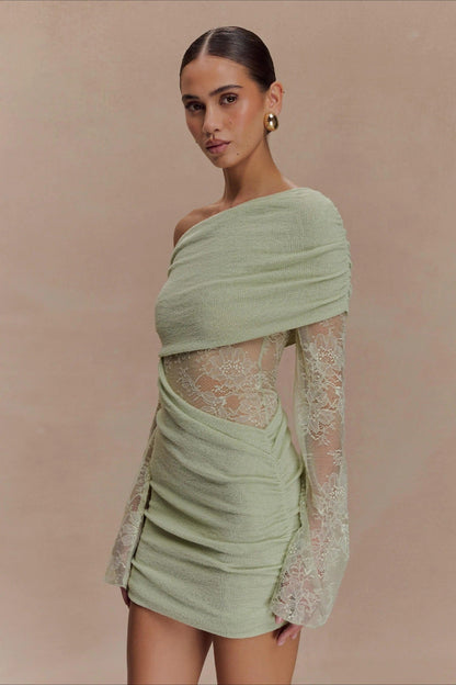 Off Shoulder Ribbed Lace Sleeve Lace Panel Bodycon Mini Dress