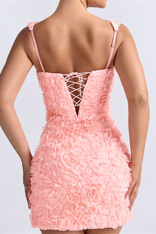 Square Neck Wide Strap 3D Rosette Texture Mini Dress
