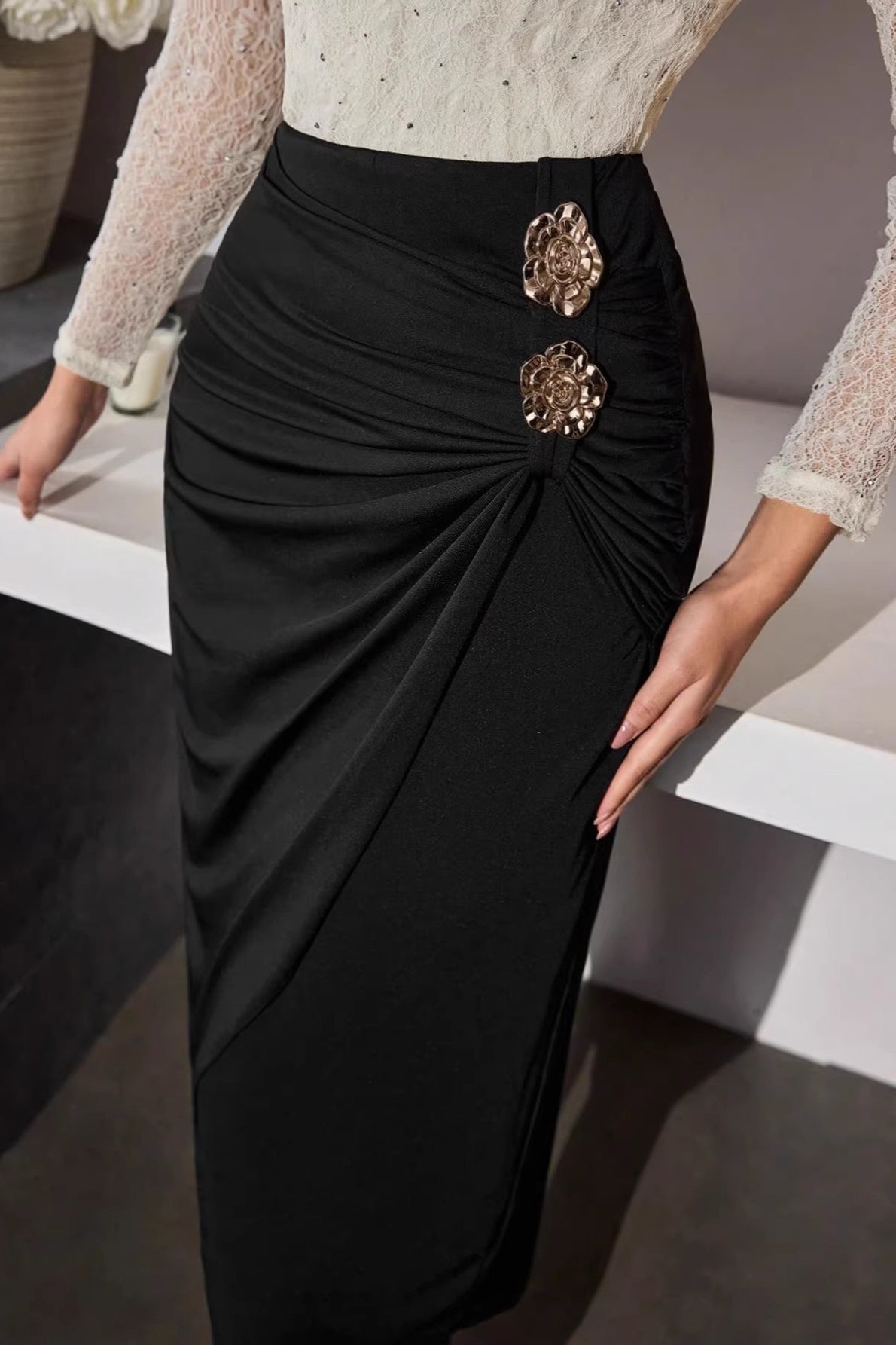 Gold Button Detail Bodycon Skirt