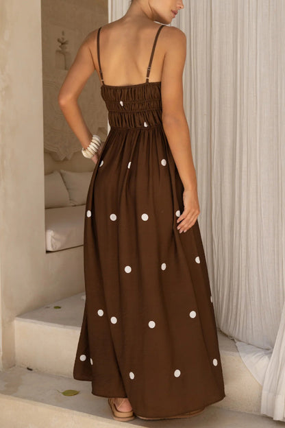 Polka Dot Print Spaghetti Strap Pleated Waist Casual Pocket Maxi Dress