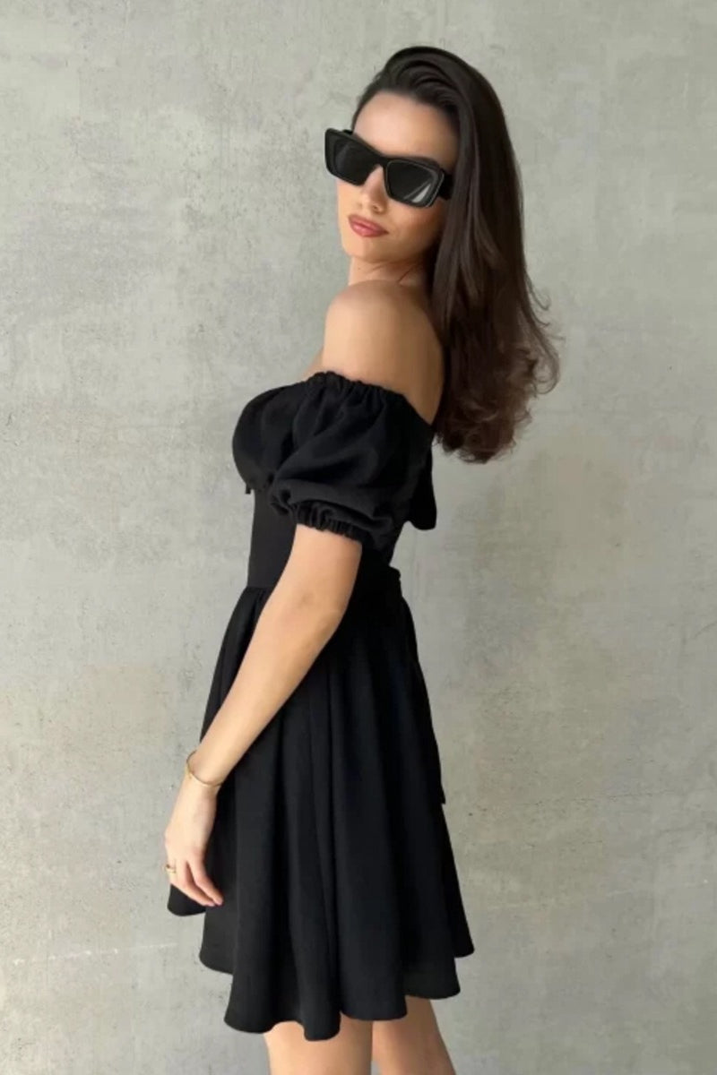 Off Shoulder Puff Sleeve Tie Back Bow A-Line Mini Dress