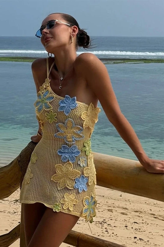 One-Shoulder Crochet Floral Applique Openwork Mesh Mini Dress