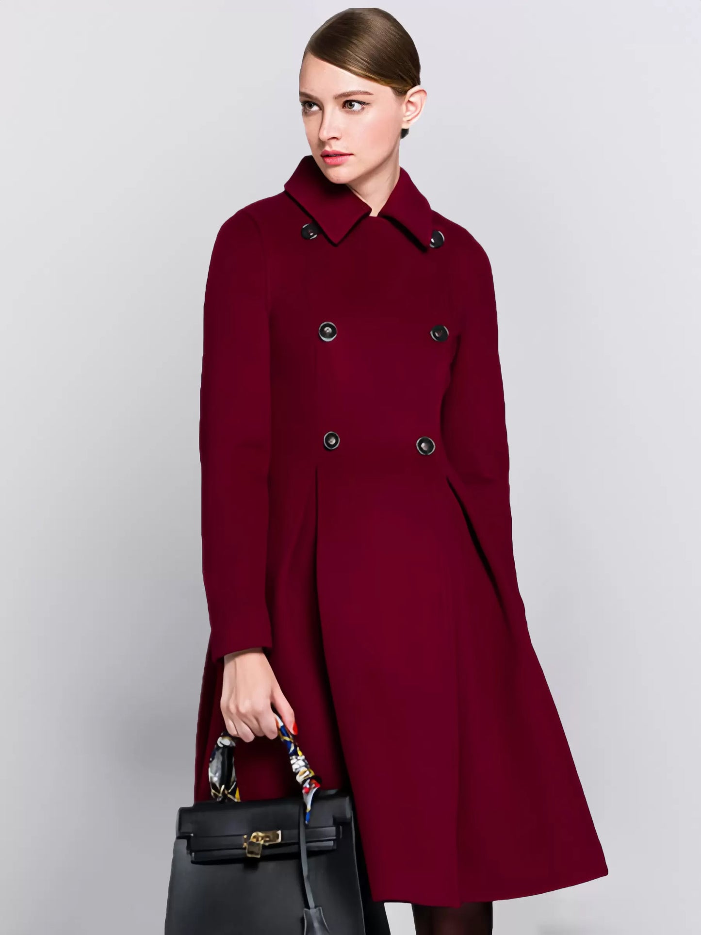 Flared Woolen Coat In Burgundy Double-Breasted Turndown Collar A-line Winter Midi Outerwear For Women 2026