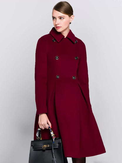 Flared Woolen Coat In Burgundy Double-Breasted Turndown Collar A-line Winter Midi Outerwear For Women 2026