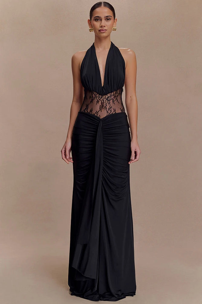 Halter Plunging V-Neck Lace Panel Ruched Drape Maxi Gown