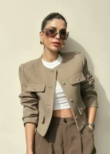 TailoRed Tweed Cropped Jacket – Classic Elegance with Gold Button Accents