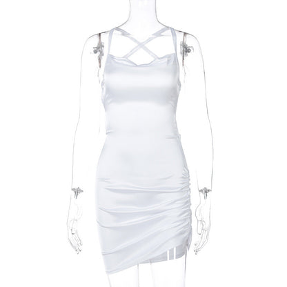 Satin cowl neck solid lace up backless ruched mini dress
