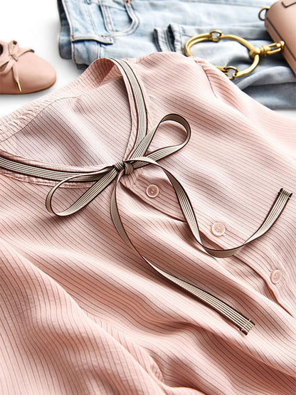 Bella Elegant Bow Tie Striped Shirt Top