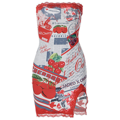 Newspaper Print Lace Trim Asymmetric Slit Tube Mini Dress