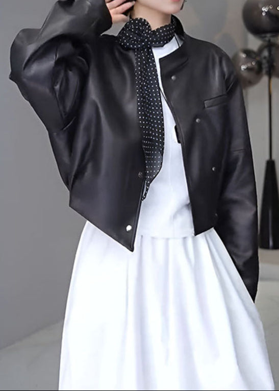 Urban Muse - Cropped Faux Leather Snap Jacket