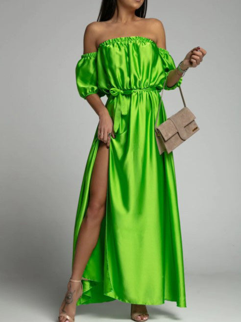 Off Shoulder Puff Sleeve Self Tie Waist Thigh Slit Satin Maxi Dress