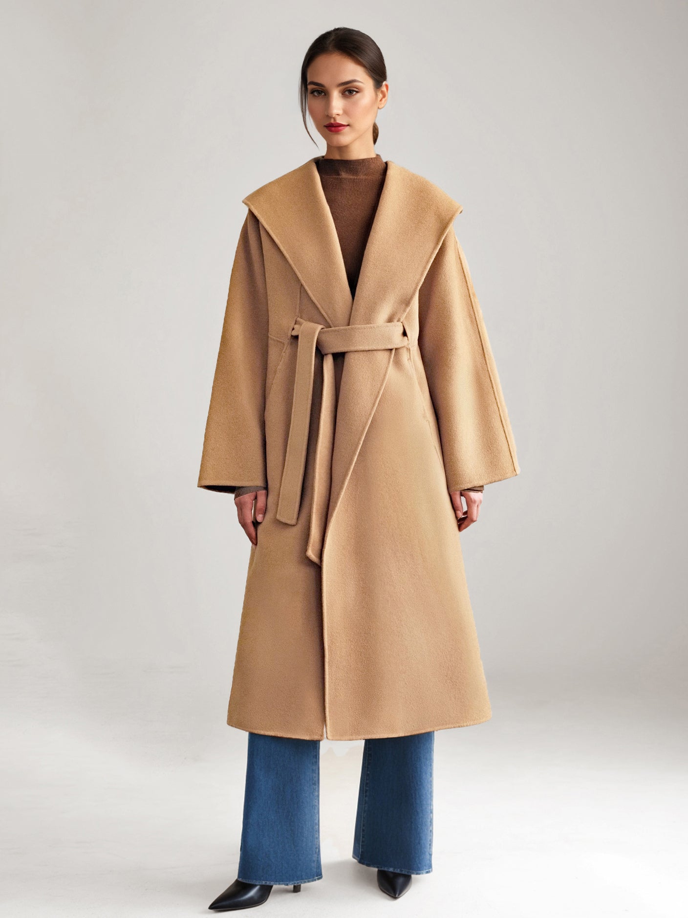 Wool Cashmere Blend Coat White Wide Lapel Double-Faced Belted Winter Outerwear For Women 2026