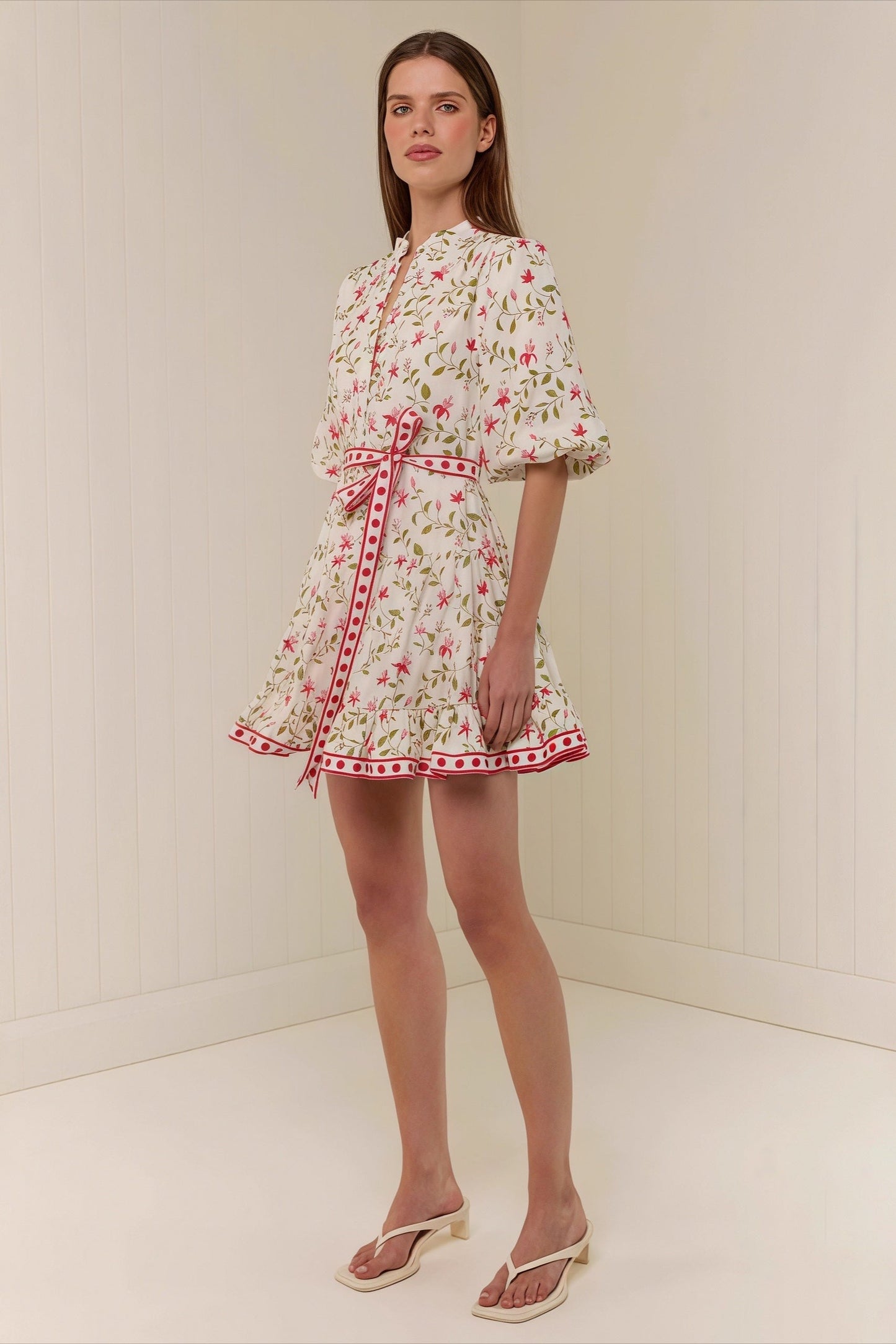 Floral Print Mandarin Collar Puff Sleeve Belted Ruffle Hem Mini Dress