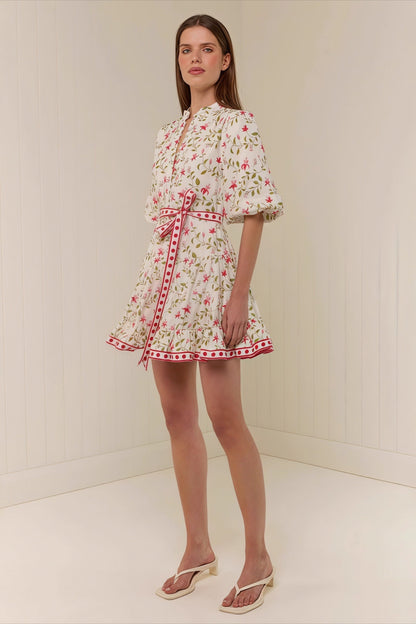 Floral Print Mandarin Collar Puff Sleeve Belted Ruffle Hem Mini Dress