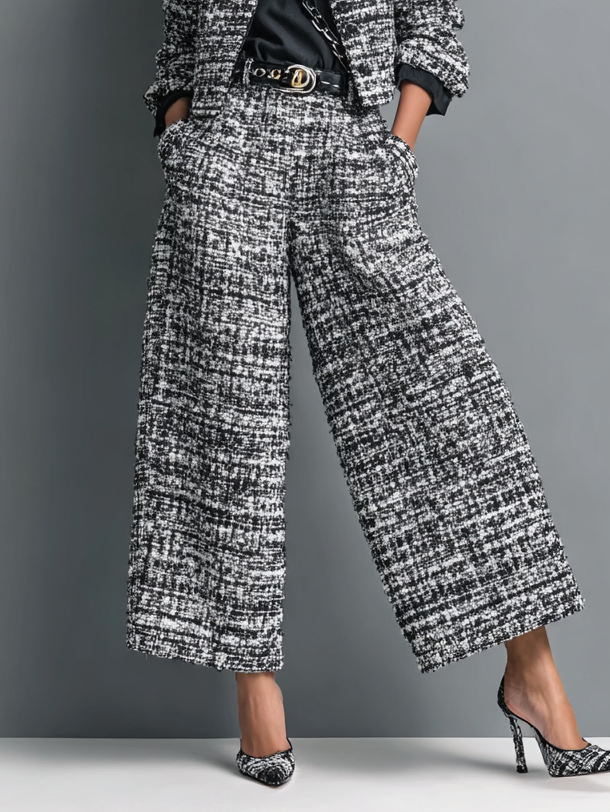 Women's Tweed Blend Single-Breasted Cropped Jacket And Wide-Leg Pants Set MDA2589H6Y