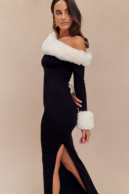 Dawn Faux Fur One Shoulder Slit Maxi Dress