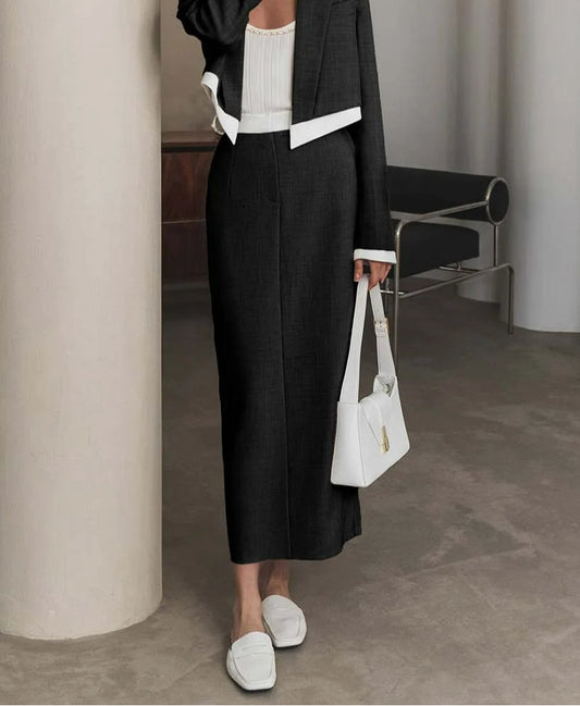 Black Patchwork Slim Straight Office Two Piece Set