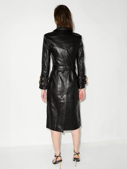 Trench Coat Notched Lapel Double Breast Belted PU Leather Outerwear
