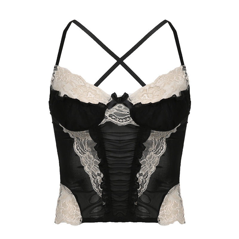 Lace hem contrast ruffle ruched patchwork cross back crop top
