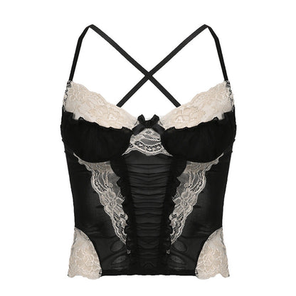 Lace hem contrast ruffle ruched patchwork cross back crop top