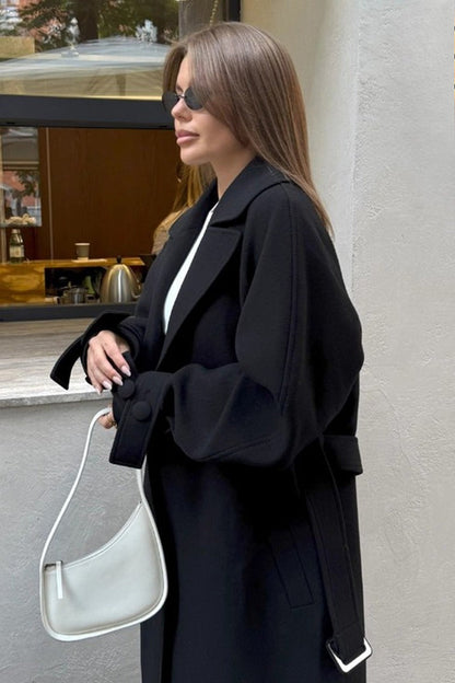 Extra-Long Wool Tie-Waist Loose Overcoat