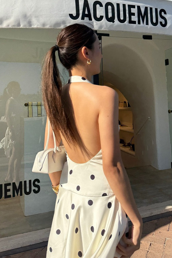 Halter Neck Polka Dot Handkerchief Hem Tiered Ruffle Backless Mini Dress