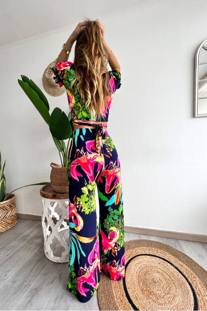 Floral Print V Neck Short Sleeves Crop Top Elastic Waist Wide Leg Pants Set
