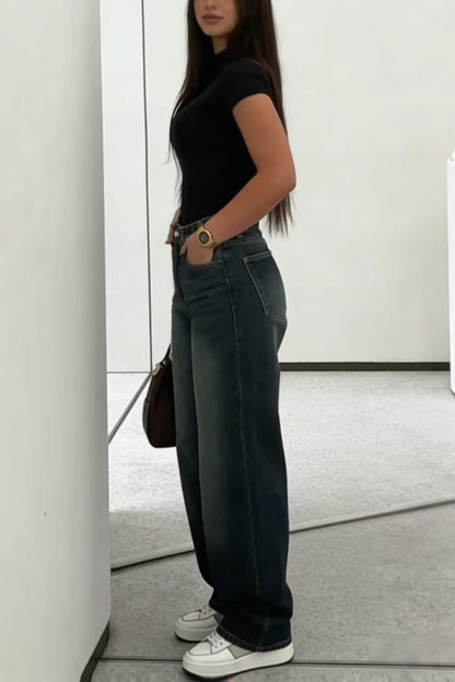 Stylish High-waisted Loose-fitting Pocket Casual Straight-leg Wide-leg Jeans
