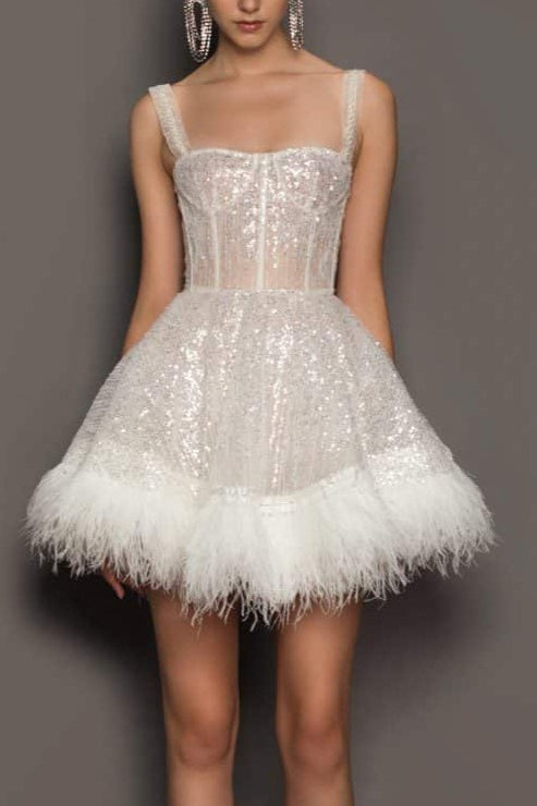 Sexy Feather Sequin Tube Top Spaghetti Strap Sequin Dress