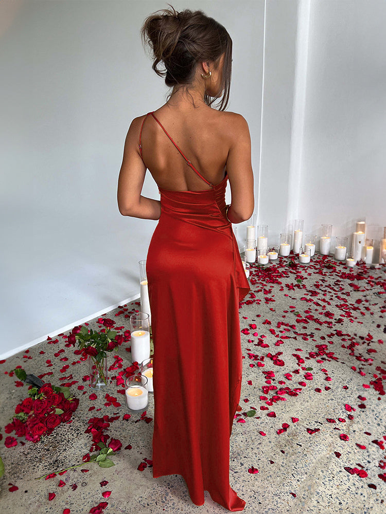 Party Dress Champagne One Shouder Pleated High Slit Sexy Prom Maxi Dresses