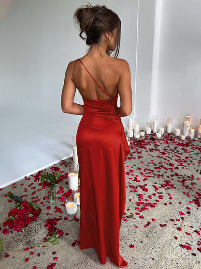 Party Dress Champagne One Shouder Pleated High Slit Sexy Prom Maxi Dresses
