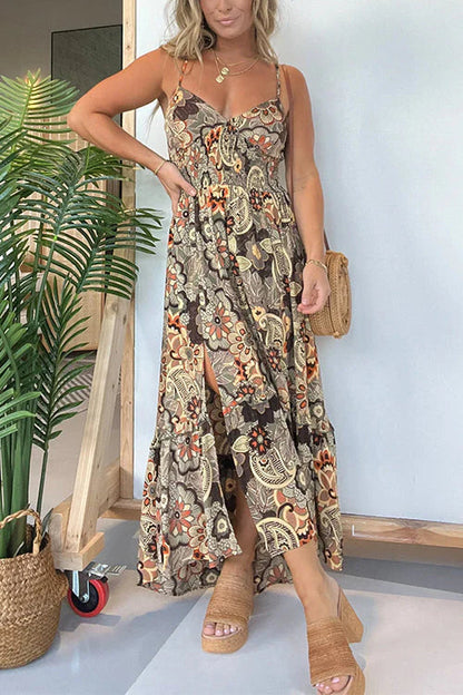 Neck Back Lace-up Slit Floral Print Maxi Cami Dress