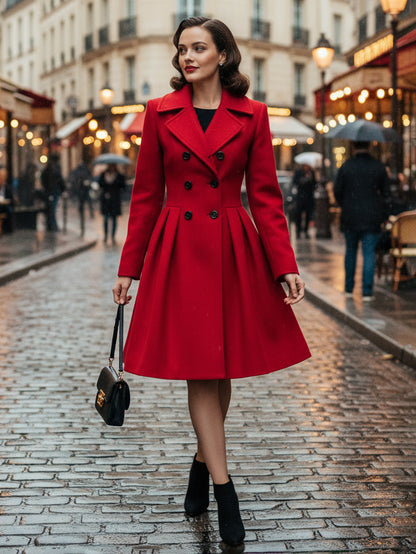 Retro Red 1950s Double-Breasted A-line Woolen Coat For Women 2026
