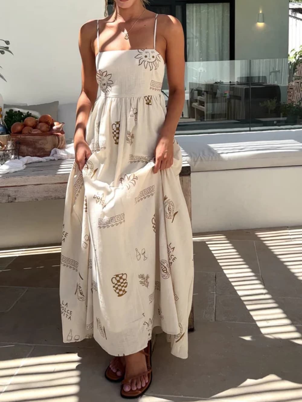 Spaghetti Strap Square Neck Graphic Print A Line Maxi Dress