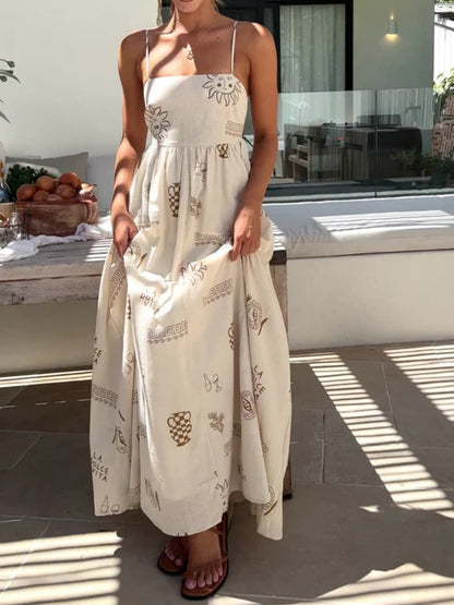 Spaghetti Strap Square Neck Graphic Print A Line Maxi Dress