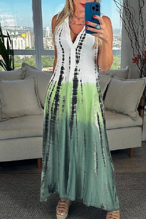 V Neck Sleeveless Color Block Printed Maxi Swing Dress